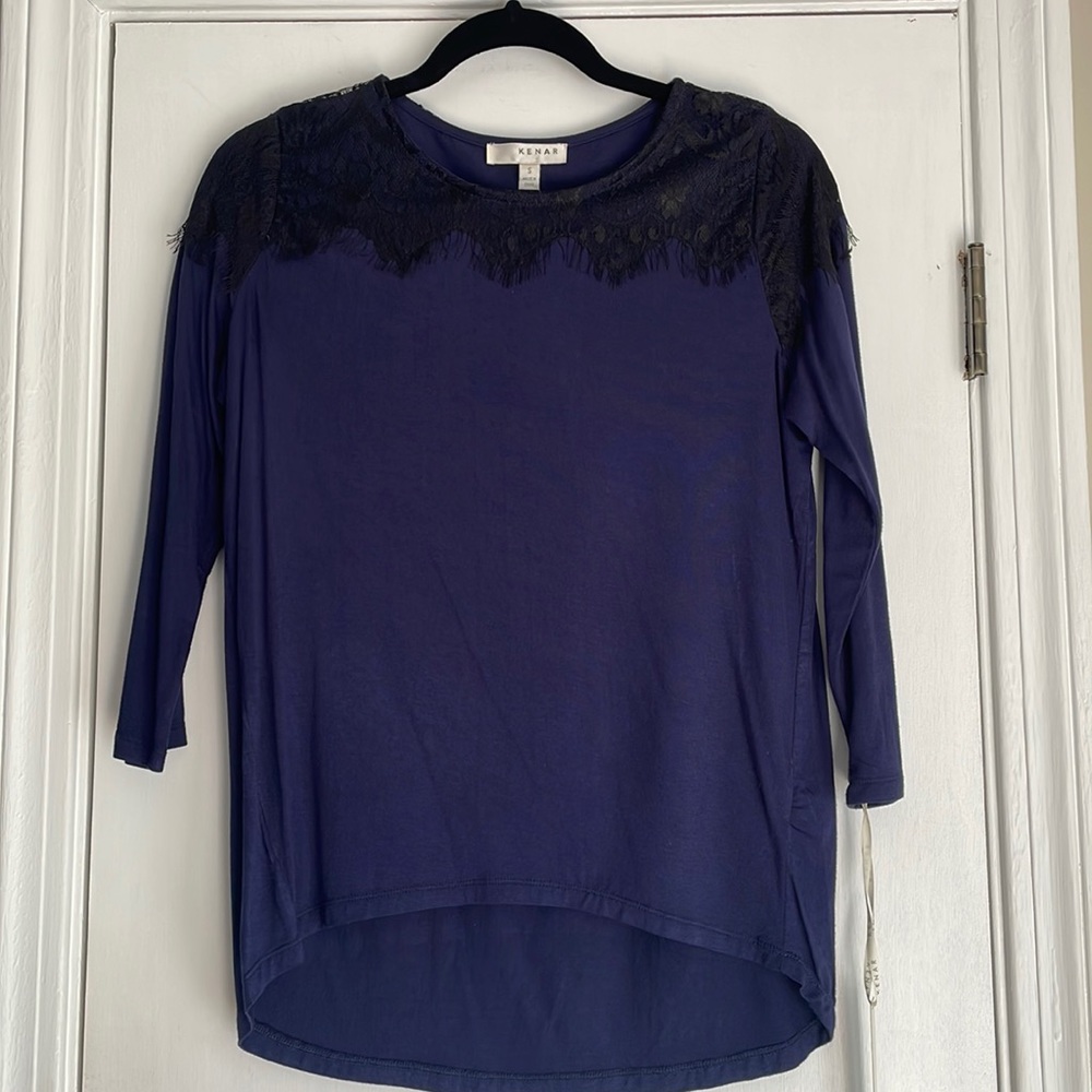 NWT Kenar Smoky Blue Knit Top with Black Lace Small